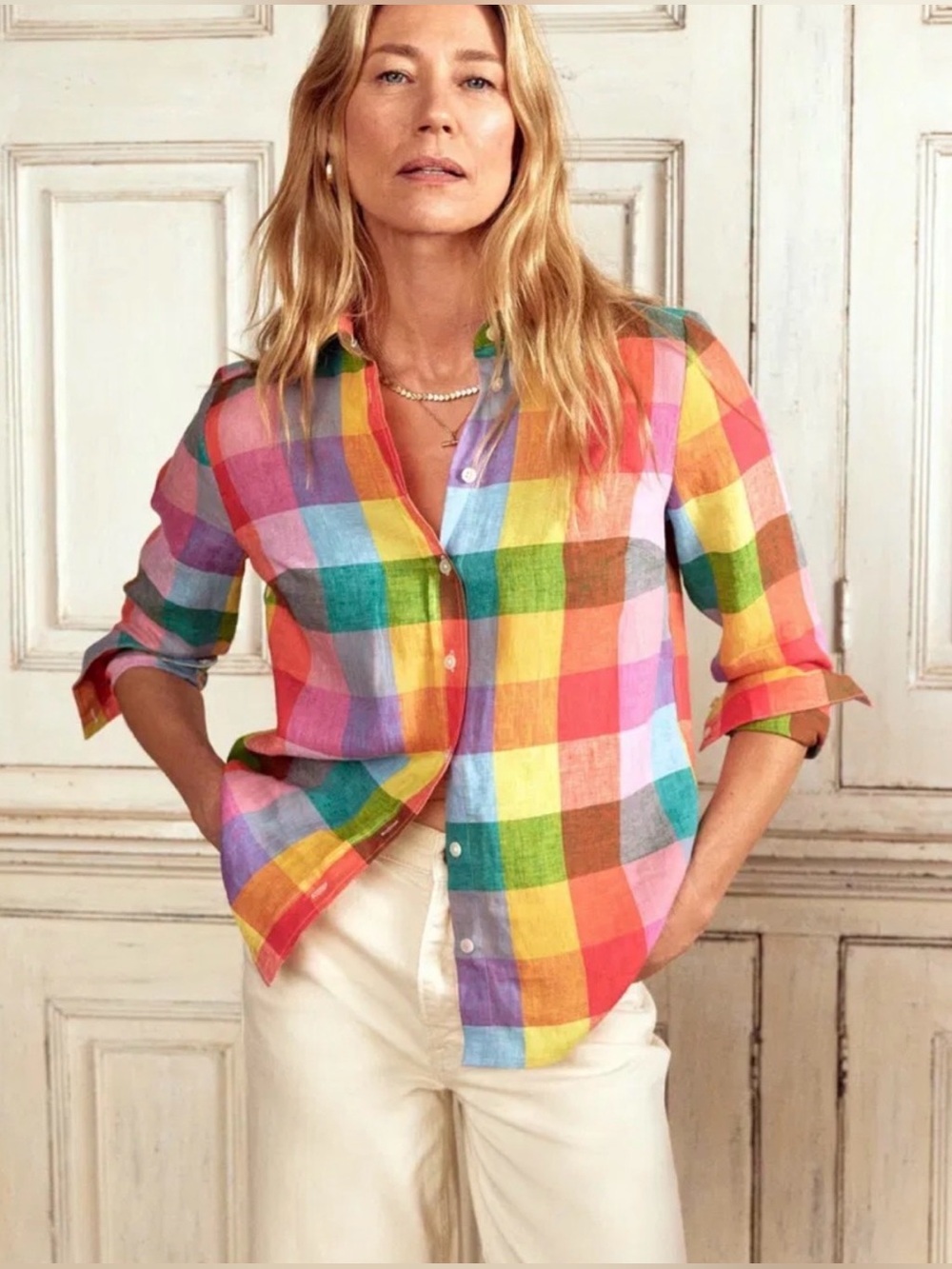 Boden Color Block Plaid Sienna Linen Shirt 4P